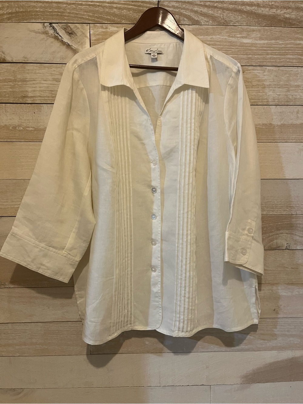 Kim Rogers Linen Women's Cream Pintuck Button-Front Minimalist Shirt 3X